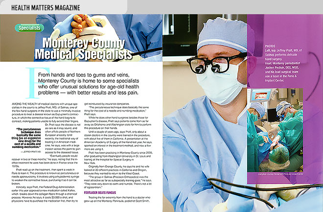 Health magazine design layout about medical specialists with unusual solutions for health problems, and photos of the specialists
