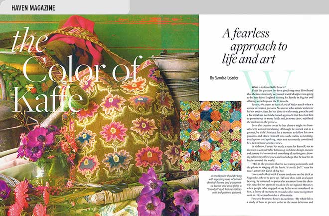 Home magazine design layout with an article and photos of textile art by Kaffe Fassett of Nepenthe Restaurant, Big Sur, CA