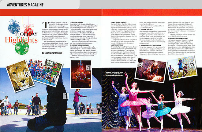 Lifestyle magazine design spread with a calendar of holiday events around the Monterey Peninsuia