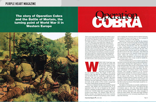 Niche magazine design layout with story and illustration about the role of Operation Cobra in the Battle of Mortain, the turning point of World War II
