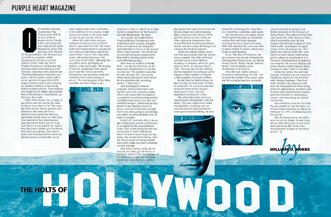 Niche magazine design layout with an article and photos featuring three generations of the Holts, a Hollywood acting family, and their military service