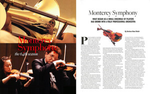 Photos of Monterey (CA) Symphony musicians at left, with an article describing the Symphony's history. Printed in Adventures Magazine, a Monterey County Herald publication.