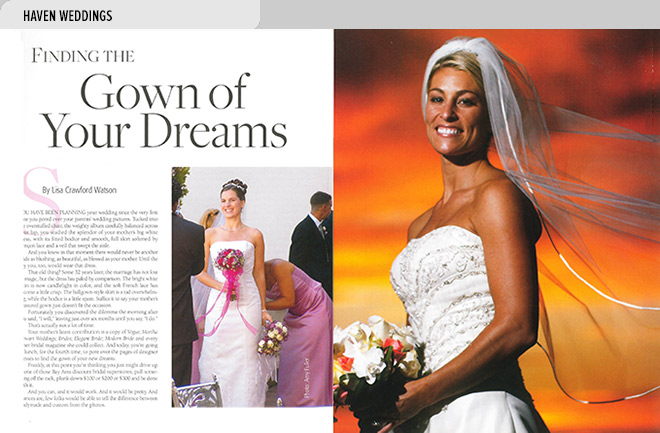 Niche magazine design layout with article about choosing a wedding gown and photos of brides in wedding gowns
