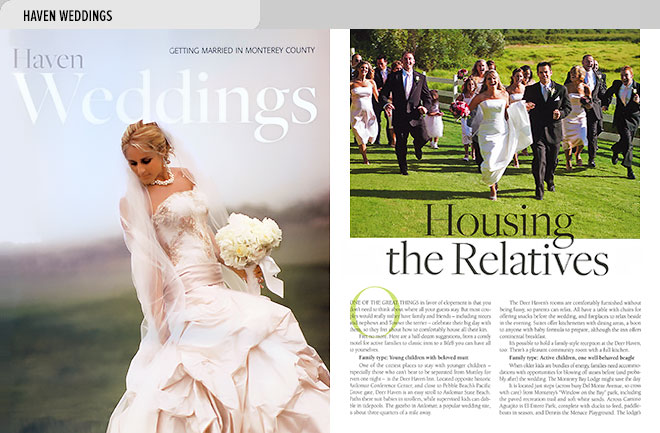 Niche magazine design layout with cover of Weddings magazine at left and article about housing wedding guests and photo of wedding party