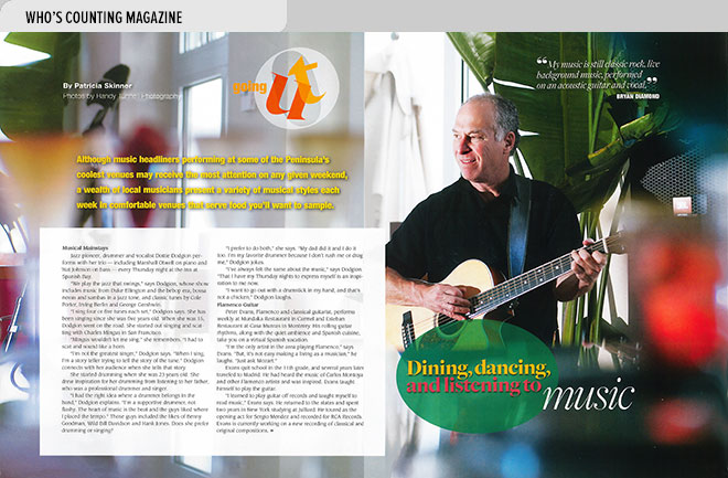 Niche magazine design layout about entertainment for older adults in Monterey, CA with photo of guitarist Bryan Diamond