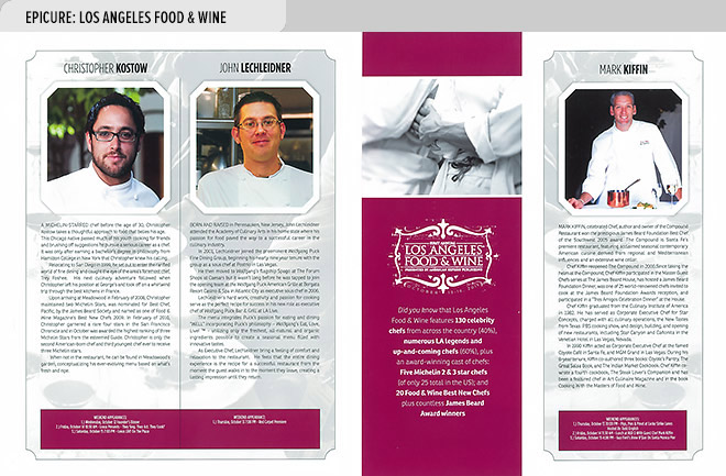 Event program design spread from Epicure, the official program of Los Angeles Food & Wine