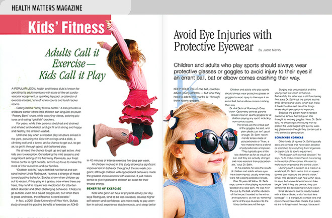 Health magazine design layout about kid's fitness and protective eyewear for children who play sports