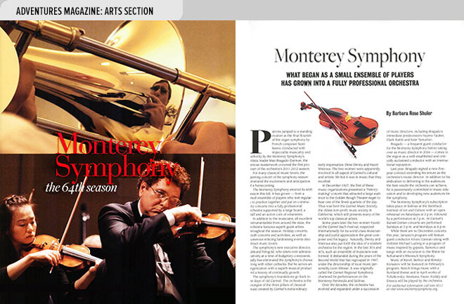 Art magazine design spread from Adventures Magazine about the Monterey Symphony, CA with photos of symphony musicians at left