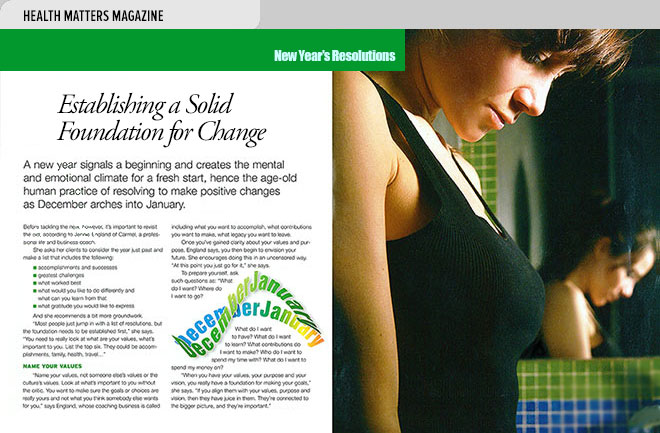 Health magazine design layout about making New Year's resolutions that last with a photo of a woman checking her weight