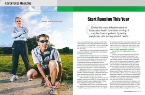 Spread from Health Matters Magazine with photo of runners Mike Dove and Don Buraglio and an article on how to start a running program.