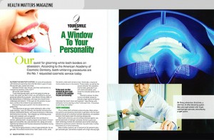 Spread from Health Matters Magazine with article by Mike Hale on teeth whitening and photo by Randy Tunnell showing Steven Chang, DDS, using the BriteSmile system on a patient.