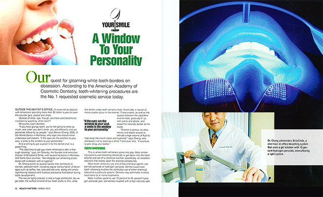 Health magazine design layout on teeth whitening with photos of a dentist using a light-activated bleaching system on a patient