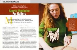 Health magazine design layout about helping players heal from golf injuries and photo of a physical therapist and the instruments she uses