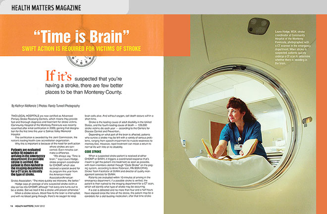 Health magazine design layout about treating stroke victims to minimize impairment, and photo of nurse with CT scanner