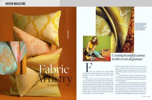 Home magazine design layout with photos and article about Nomi Fabrics, Inc., an art fabrics studio operated by Nomi Franklin