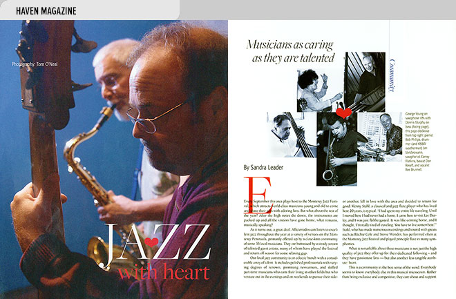 Home magazine design layout with photos and an article about musicians who support charities through jazz performance