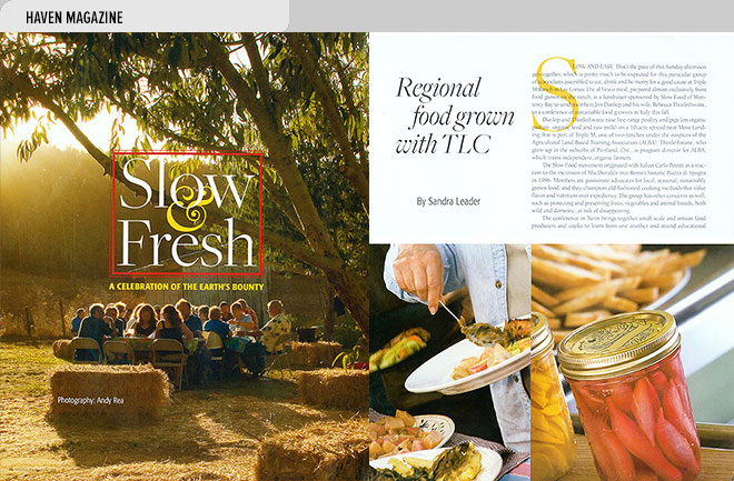 Home magazine design layout with photos and an article about the Slow Food fundraiser at Triple M Ranch, Las Lomas, CA