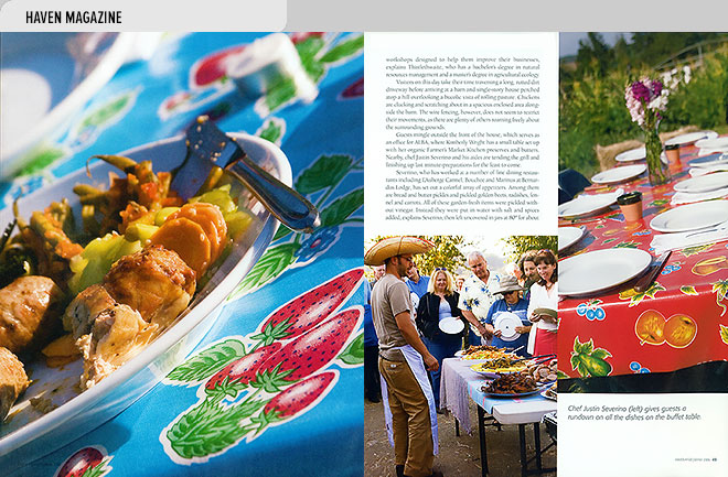 Home magazine design layout with photos of the food served at the Slow Food fundraiser at Triple M Ranch, Las Lomas, CA