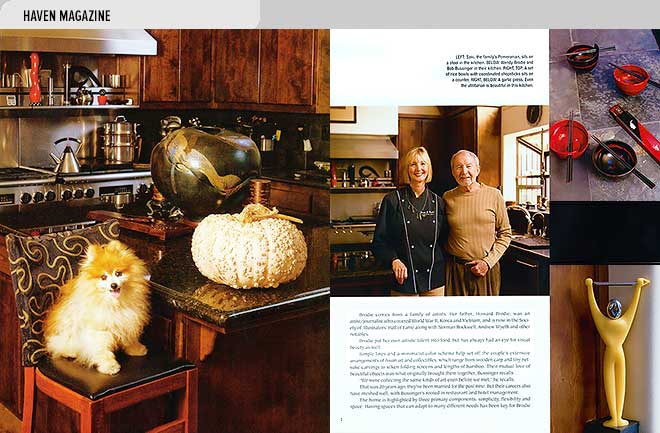 Home magazine design layout with photos of chef Wendy Brodie and husband Bob Bussinger at home in their Carmel, CA kitchen