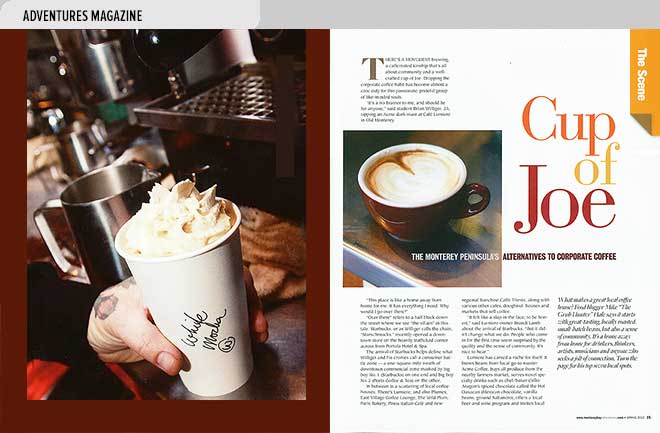Lifestyle magazine design spread about coffeehouses near Monterey Bay