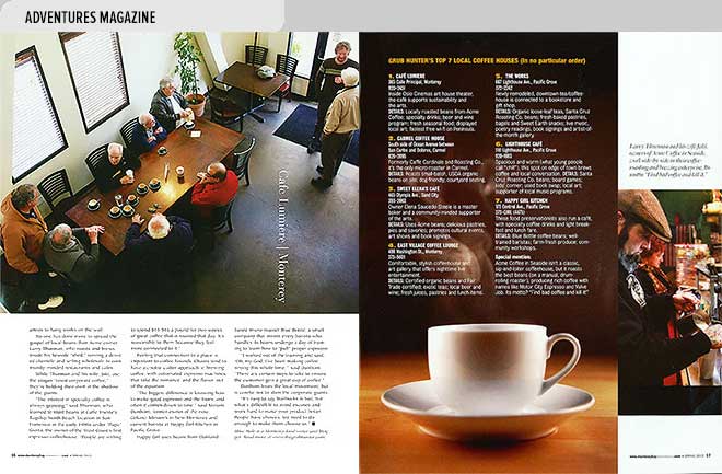 Lifestyle magazine design spread with list of best coffeehouses near Monterey Bay