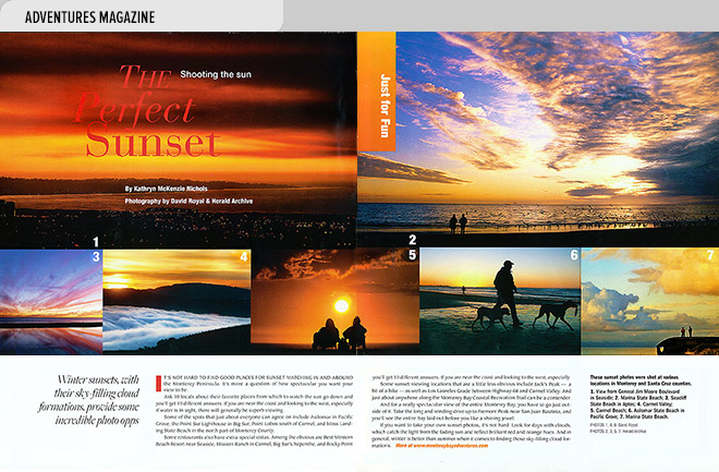 Lifestyle magazine design spread with views of sunsets along the Monterey Bay coast