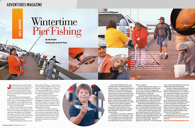 Lifestyle magazine design spread about wintertime pier fishing on Municipal Wharf #2 in Monterey CA with view of the Wharf and fish caught there