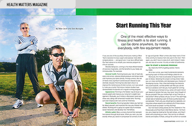 Health magazine design layout with photo of runners and an article about how to get started running